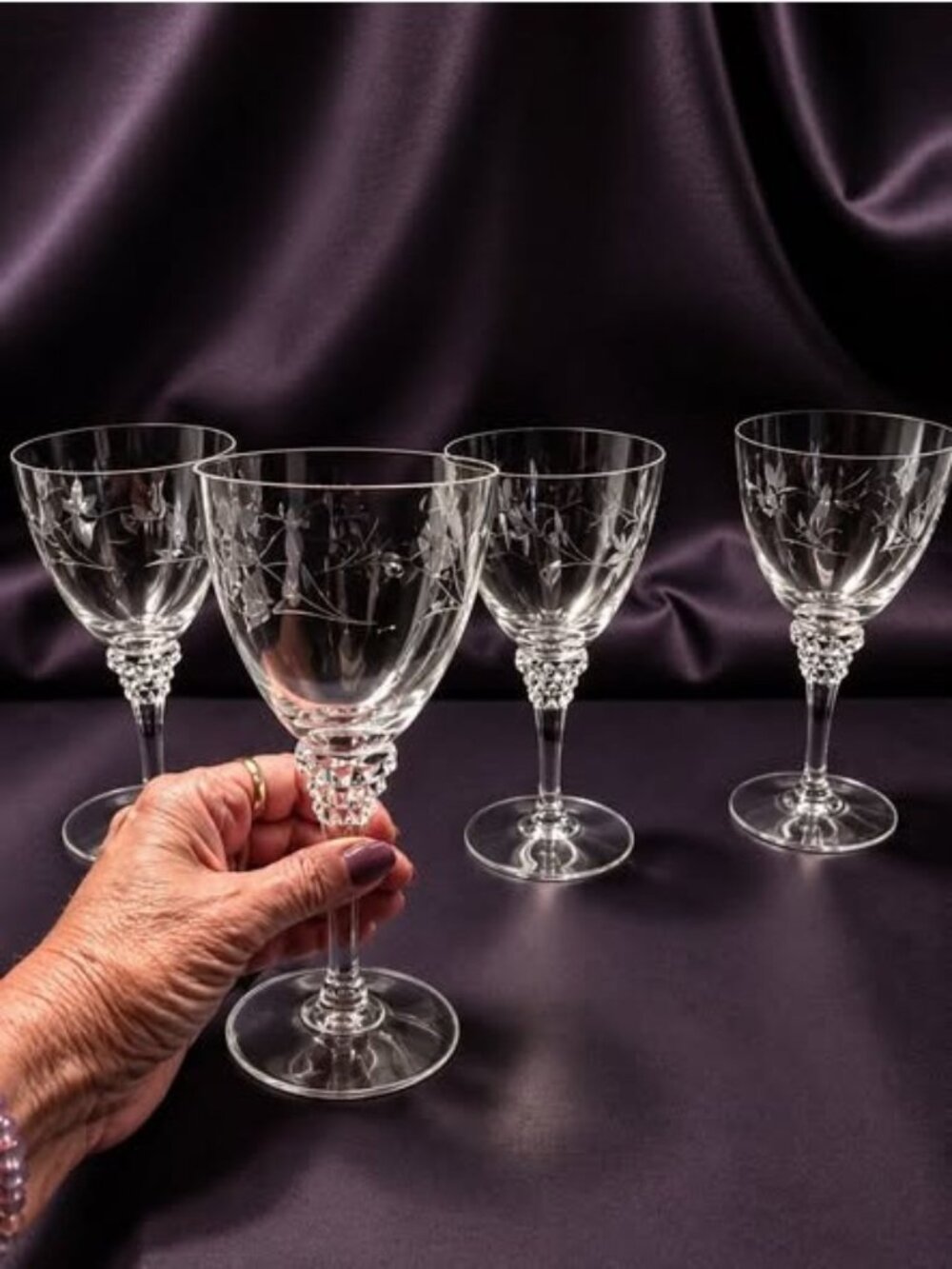 Set of 4 Vintage Tiffin Franciscan Rose Marie Water Glasses | Mid Century Etched